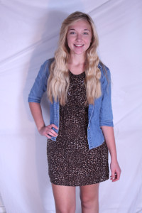 Fall Fashion: A slightly dressed up look for the fall modeled by Junior, Anna Stegall.  Outfit Description: Leopard dress paired with a denim jacket, that can be either dressed up or dressed down.  
