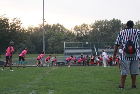 Juniors line up in the hopes of breaking through the senior line and getting a touchdown.